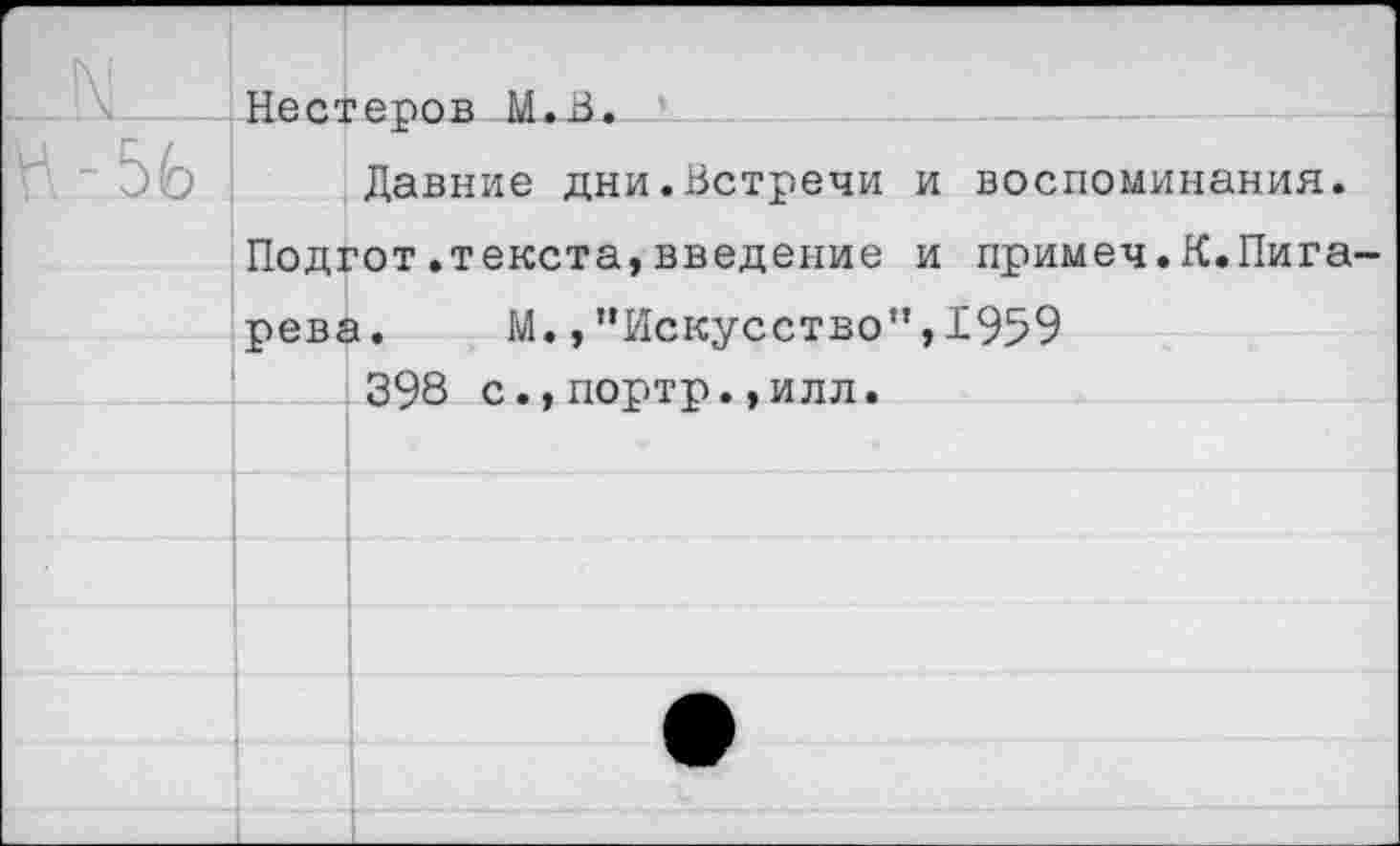 ﻿	Неса	’еров М.В.
'Н-56		Давние дни.Встречи и воспоминания.
	Полгот.текста,введение и примеч.К.Пига-	
	рев?	1. М./’Искусство",1959
		398 с., портр. ,илл.
		
		
		
		
		
		